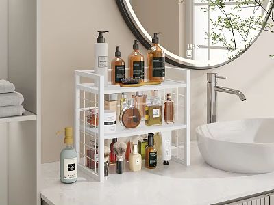 Modern Bathroom Set With Storage Rack Toiletries Mirror And White Sink 3d model