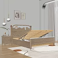 Wooden Bedroom Bed With Wavy Headboard Drawer Storage Nightstand And Lamp