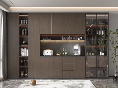 Elegant Modern Wooden Wine Cabinet With Glass Doors LED Lighting And Coffee Machine 3d model