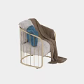 Modern Armchair with Gold Metal Frame Light Gray Cushion Blue Pillow and Brown Knitted Blanket
