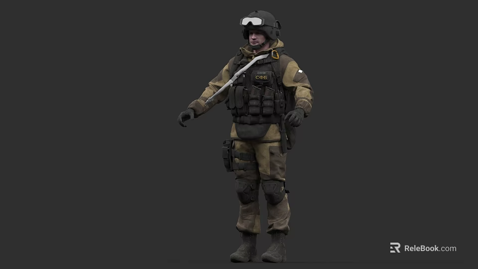 Tactical Military Game Movie Character With Camouflage Uniform Helmet Vest And Goggles 3d model 
