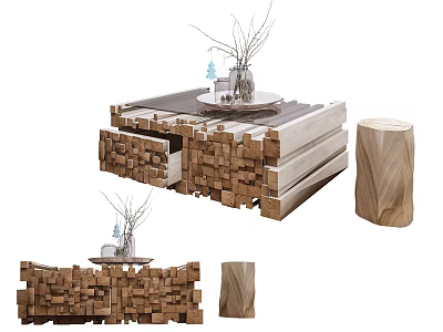 Natural Wooden Coffee Table With Stacked Wood Blocks Design And Decorative Elements 3d model