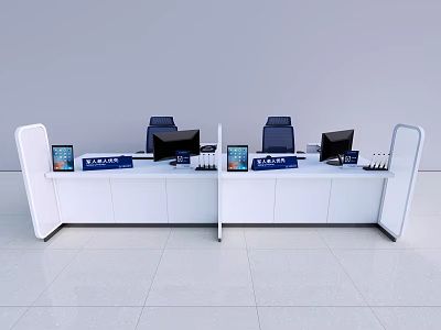 Neat Paired White Office Desks With Computer Monitors Stationery And Signs 3d model