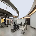 Modern Hair Salon Interior With Circular Design Mirrored Walls And White Styling Chairs