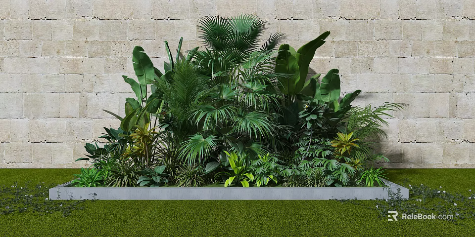Lush Tropical Greenery With Various Plant Species Against Stone Wall Background 3d model 