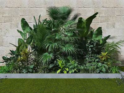 Lush Tropical Greenery With Various Plant Species Against Stone Wall Background 3d model
