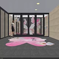 Entrance Area With Glass Doors Pink Heart Pattern Floor And Flower Petals Decorations