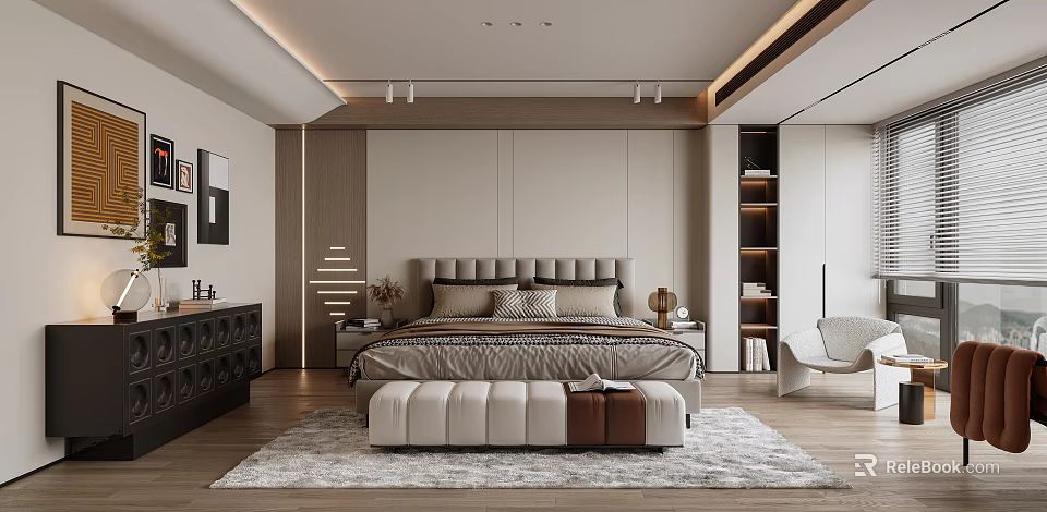 Modern Bedroom Interior Design With Tufted Headboard Nightstand Lamp And Soft Area Rug 3d model 
