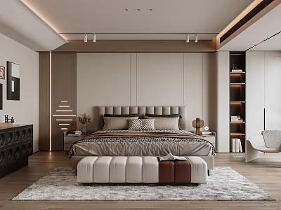 Modern Bedroom Interior Design With Tufted Headboard Nightstand Lamp And Soft Area Rug 3d model