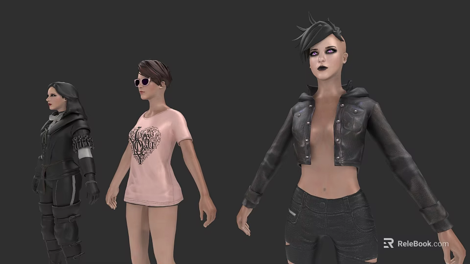 Punk And Casual Virtual Characters With Black Leather Jacket Pink T-Shirt And Short Pants 3d model 