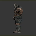 Muscular Horned Demon Warrior With Skull Decorated Armor And Bracers Standing On Dark Background
