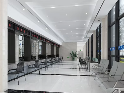 Modern Service Hall Interior With Spacious Layout Service Counters And Waiting Chairs 3d model