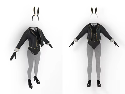 Bunny Ears Costume With Black Coat Gray Leggings And Black High Heels Gloves 3d model