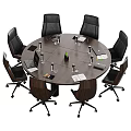 Round Conference Table with Leather Office Chairs and Water Bottles Notebooks in Modern Meeting Room