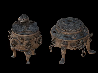 Vintage Bronze Decorative Ornament Set With Intricate Carved Patterns And Ringed Legs 3d model