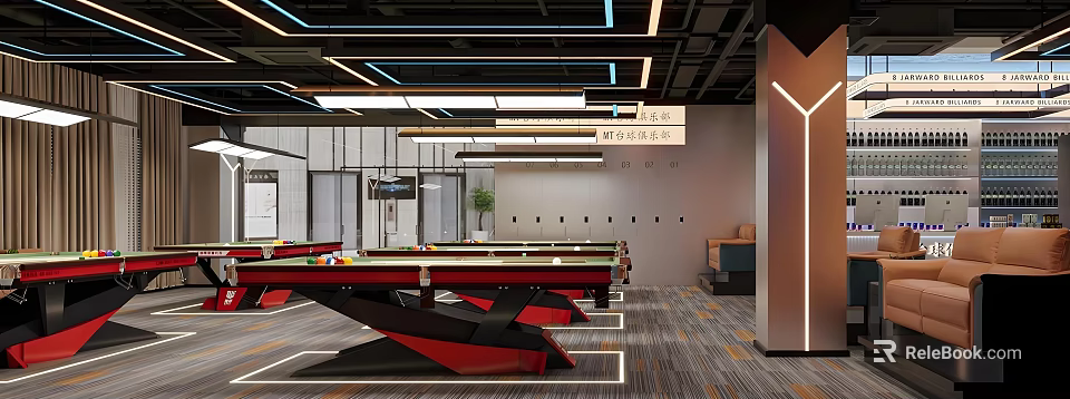 Modern Billiards Room Interior Design With Red Pool Tables And Hanging Lights 3d model