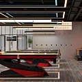 Modern Billiards Room Interior Design With Red Pool Tables And Hanging Lights 3d model