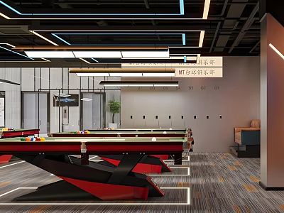 Modern Billiards Room Interior Design With Red Pool Tables And Hanging Lights 3d model