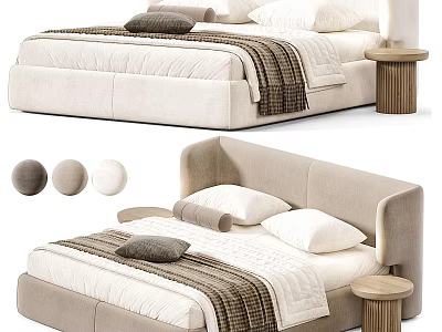 Modern Upholstered Double Bed With Soft Pillows Throw Blanket Wooden Side Table And Color Options 3d model