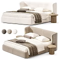 Modern Upholstered Double Bed With Soft Pillows Throw Blanket Wooden Side Table And Color Options