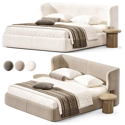 Modern Upholstered Double Bed With Soft Pillows Throw Blanket Wooden Side Table And Color Options 3d model