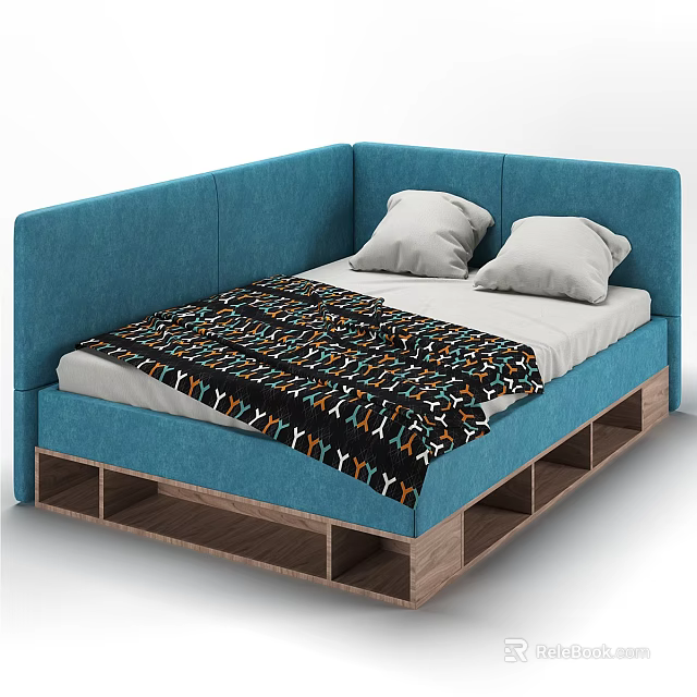 Blue Upholstered Double Bed With Wooden Frame Storage Compartments Gray Pillows And Patterned Blanket 3d model 
