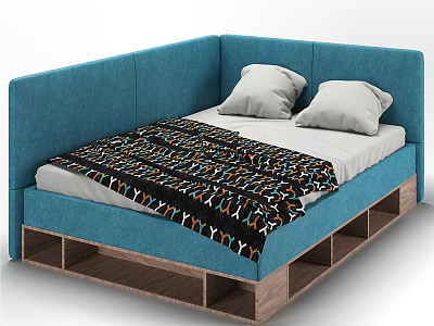 Blue Upholstered Double Bed With Wooden Frame Storage Compartments Gray Pillows And Patterned Blanket 3d model