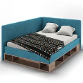 Blue Upholstered Double Bed With Wooden Frame Storage Compartments Gray Pillows And Patterned Blanket 3d model
