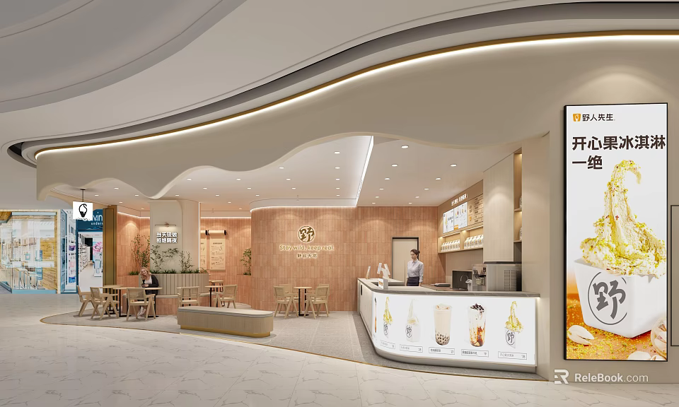 Modern Cafe Interior Design With Wooden Walls Bar Counter And Tables Chairs 3d model 