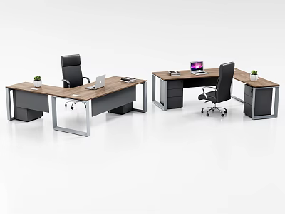 Modern Office Desk And Chair Set With Laptop Potted Plant And Storage Drawers 3d model