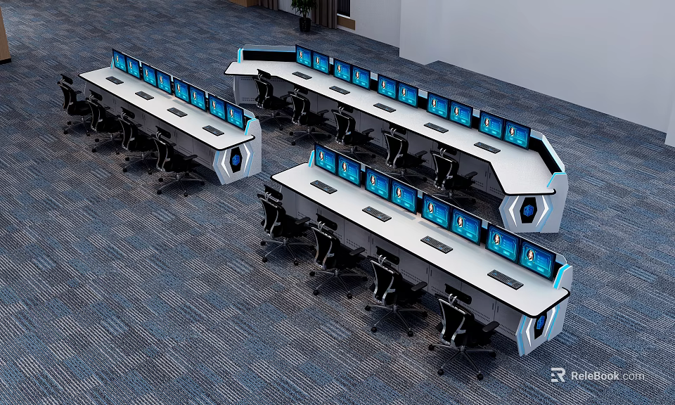 Modern Office Workspace With Rows Of Desks Equipped With Multiple Monitors And Ergonomic Chairs 3d model 