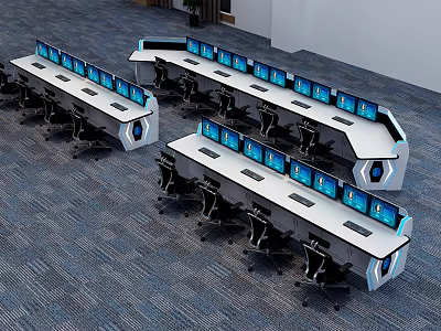 Modern Office Workspace With Rows Of Desks Equipped With Multiple Monitors And Ergonomic Chairs 3d model