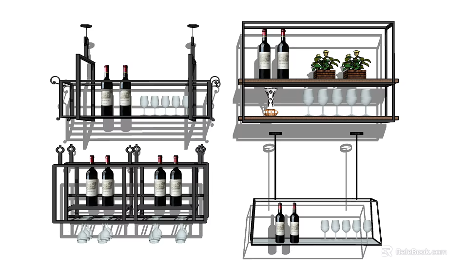 Stylish Wall Cabinets With Wine Bottles Wine Glasses And Decorative Plants 3d model 