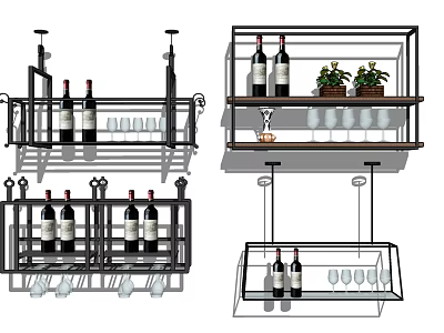Stylish Wall Cabinets With Wine Bottles Wine Glasses And Decorative Plants 3d model