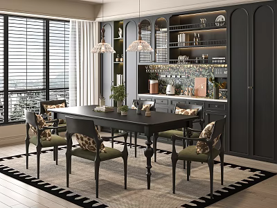 Modern Restaurant Interior Featuring Black Dining Table Patterned Cushion Chairs Dark Cabinets And Pendant Lights 3d model