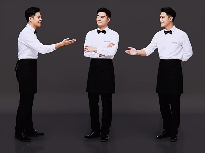 Three Male Waiters In White Shirts And Black Aprons With Different Poses 3d model