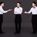 Three Male Waiters In White Shirts And Black Aprons With Different Poses