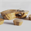 Root Carving Tea Table Handcrafted From Natural Wood With Matching Stools And Tea Set 3d model