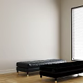 Two Modern Tufted Leather Sofa Benches With Metal Legs On Wooden Floor