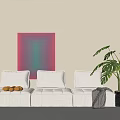 White Multi person Sofa With Cushions Fruit Plate Gray Blanket Monstera Plant And Abstract Painting