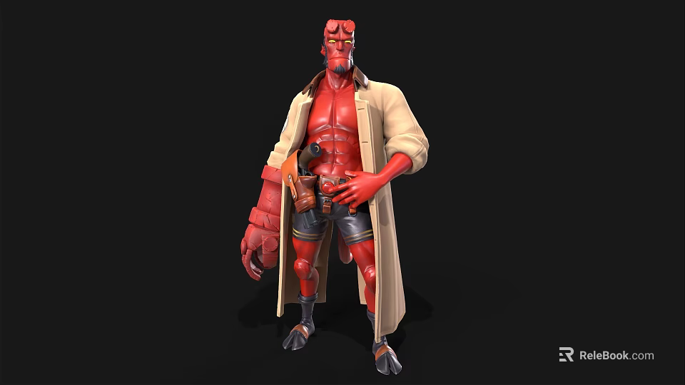 Red Horned Game Movie Character With Beige Trench Coat Black Shorts And Mechanical Claw 3d model 