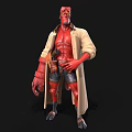 Red Horned Game Movie Character With Beige Trench Coat Black Shorts And Mechanical Claw