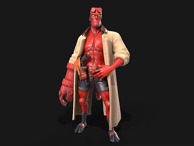 Red Horned Game Movie Character With Beige Trench Coat Black Shorts And Mechanical Claw 3d model