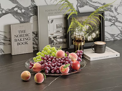 Fresh Grapes and Peaches on a Glass Plate with Books Vase and Mug in Background 3d model