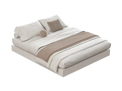 Double Bed with Light Colored Sheets Brown Square Pillow and Round Cushion in Minimalist Design 3d model
