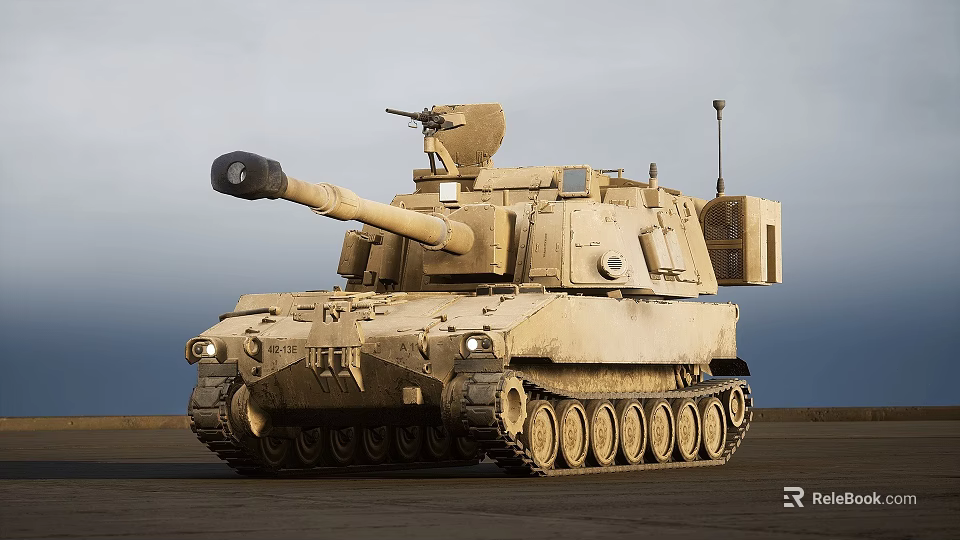 Sandy Colored Military Tank With Long Cannon And Top Mounted Equipment In Outdoor Setting 3d model 