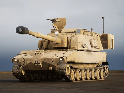 Sandy Colored Military Tank With Long Cannon And Top Mounted Equipment In Outdoor Setting 3d model
