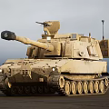 Sandy Colored Military Tank With Long Cannon And Top Mounted Equipment In Outdoor Setting