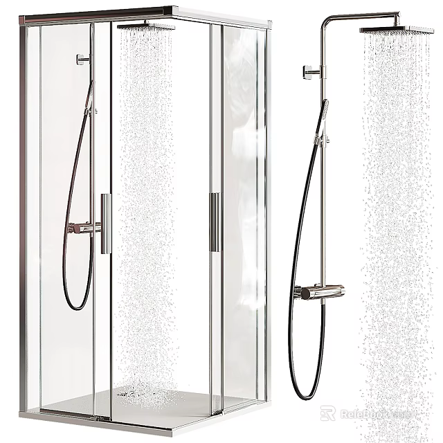 Modern Shower Sauna Space With Glass Partitions And Shower Fixtures 3d model 
