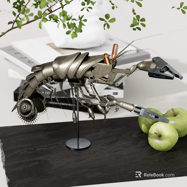 Decorative Ornament Set Metal Shrimp Shaped Sculpture With Green Apples And Metal Base 3d model 